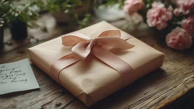 Geschenkverpackung mit Schleife auf rustikalem Holztisch