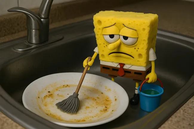 Geschirr-Spülung in der Küche mit unglücklichem Spongebob-Schwammkopf