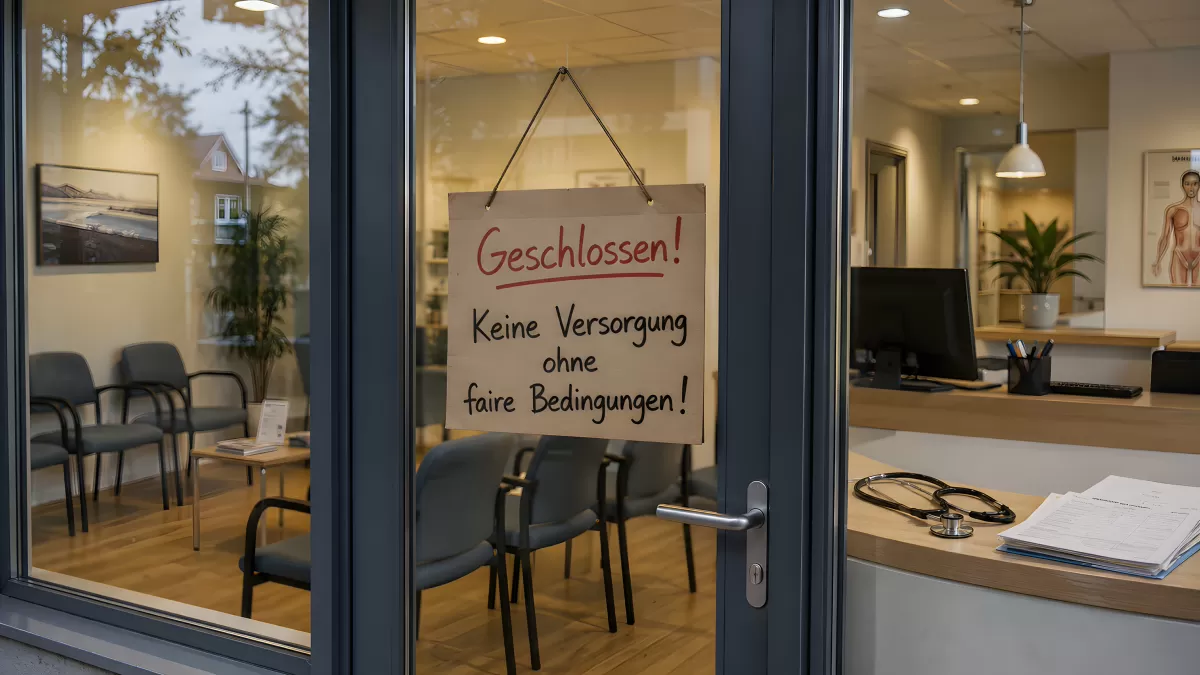 Geschlossene Arztpraxis mit Protestschild an der Tür