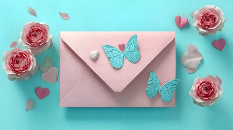 Geschlossener rosa Brief mit Schmetterlingen und Rosen