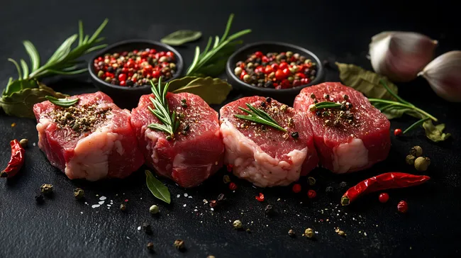 Geschmacksvolle Fleischstücke mit Gewürzen und Kräutern