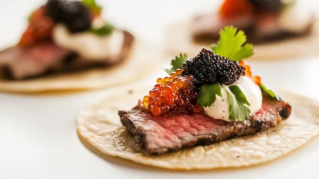 Geschmacksvoller Gourmet-Taco mit Rindersteak und Kaviar