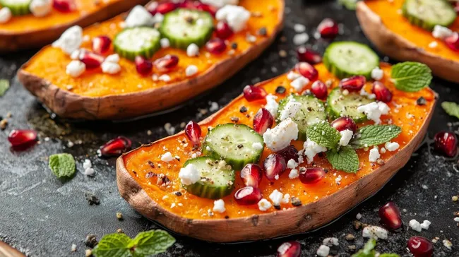 Geschmackvoll angerichtete Süßkartoffelscheiben mit Feta, Gurken und Granatapfelkernen