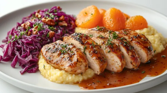 Geschmackvoll angerichtetes Hähnchen mit Polenta und Rotkohl