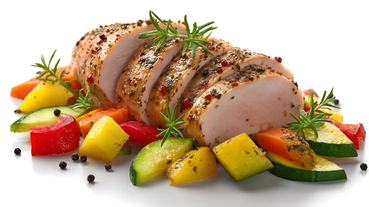 Geschmackvoll angerichtetes Putenfilet mit Gemüse