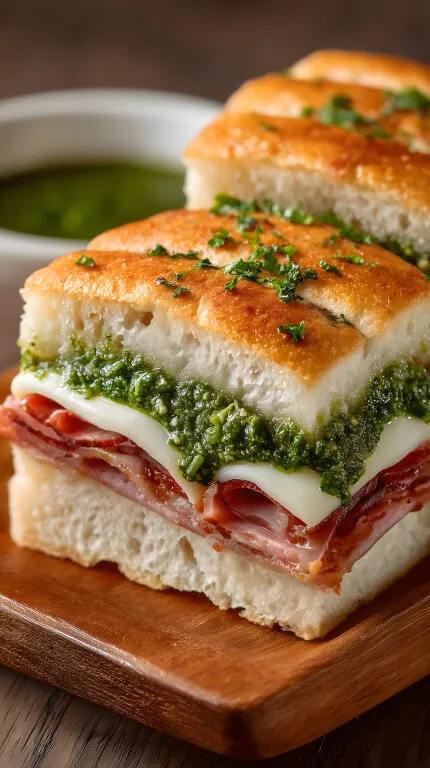 Geschmackvoll belegtes Focaccia-Sandwich mit Pesto und Käse