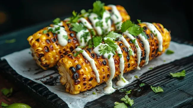 Geschmackvoll gegrillte Maiskörner mit Kräutersoße