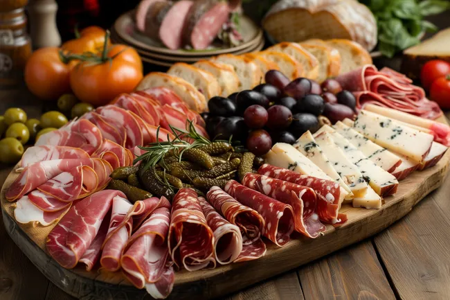 Geschmackvolle Antipasti-Platte mit Wurst, Käse und Oliven
