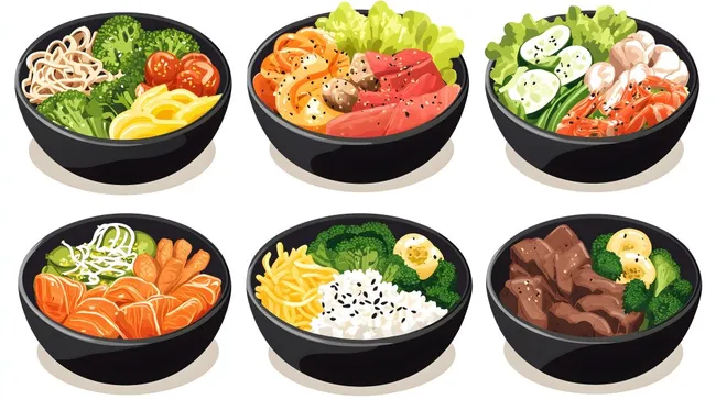 Geschmackvolle, gesunde Mahlzeiten in schwarzen Schüsseln