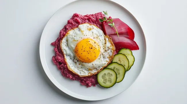 Geschmackvolle Labskaus-Komposition mit Ei und Gemüse