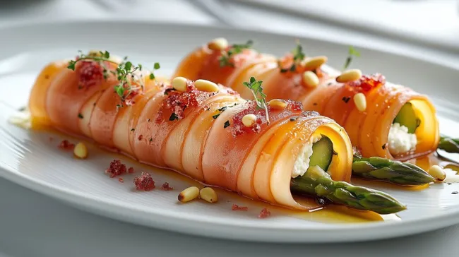 Geschmackvolle Präsentation von Fleischrollen mit Gemüsefüllung