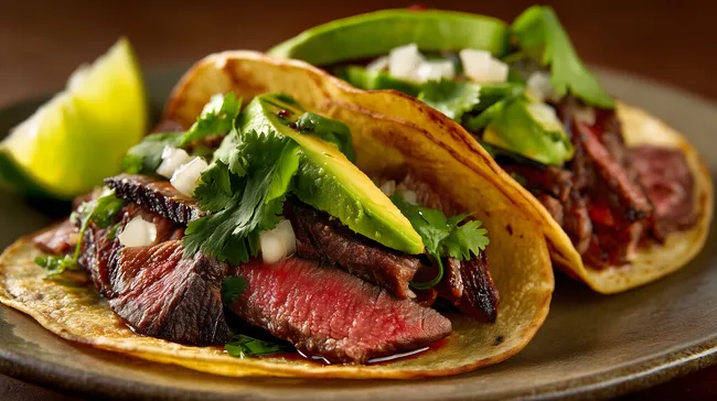 Geschmackvoller Taco mit Rindfleisch, Avocado und Koriander