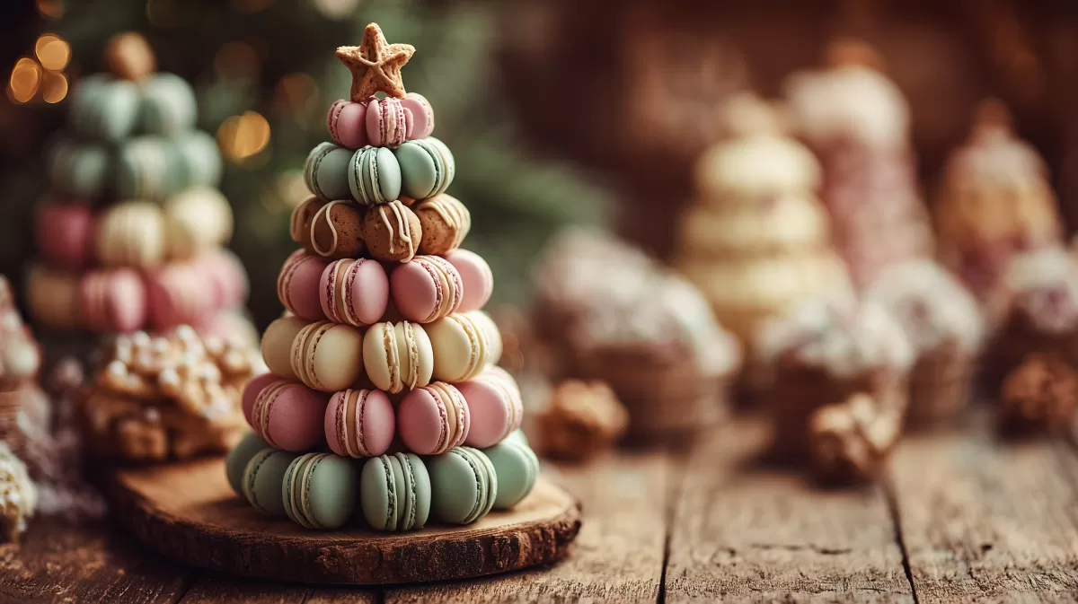 Geschmackvoller Weihnachtsbaum aus bunten Makronen