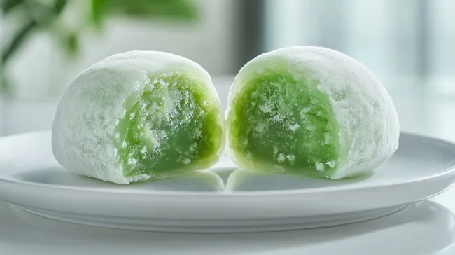 Geschmackvolles grünes Mochi-Eis auf Teller