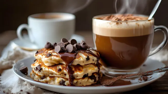 Geschmolzene Schokoladen-Pfannkuchen mit heißem Kakao