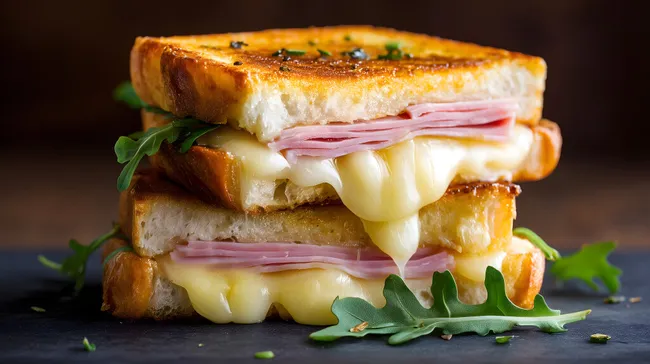 Geschmolzener Käse-Schinken-Sandwich auf dunklem Hintergrund