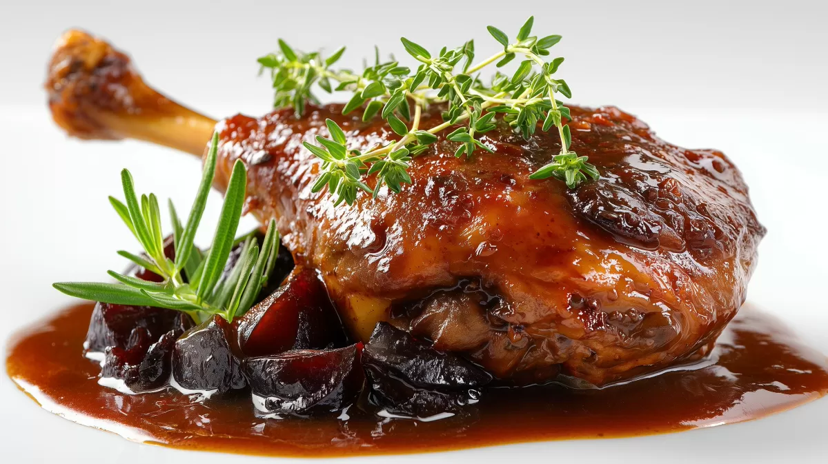 Geschmorte Ente in Pflaumen-Rotweinsauce mit Kräutern
