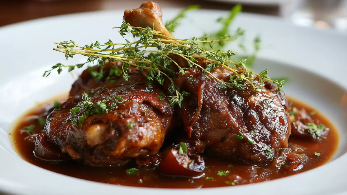 Geschmorte Ente in Pflaumen-Rotweinsoe mit Thymian
