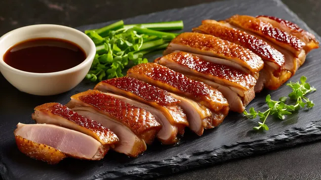 Geschmorte Entenbrust mit Soße und Frühlingszwiebeln