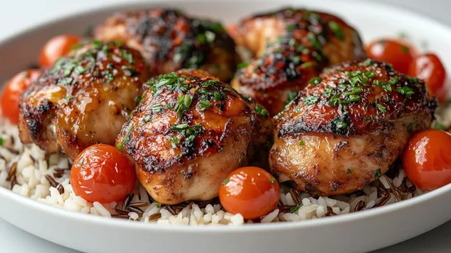 Geschmorte Hähnchenschenkel auf Wildreis mit Tomaten