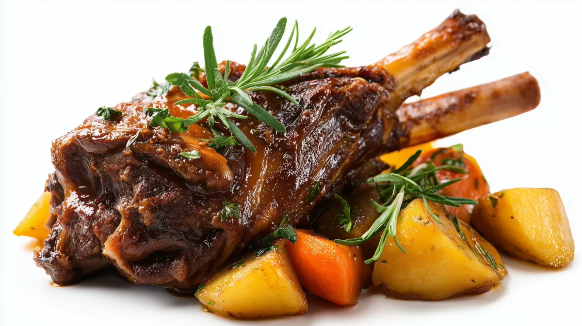 Geschmorte Lammhaxen mit Wurzelgemüse und Kräutern