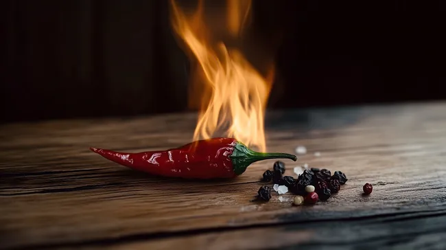 Geschmorte rote Chilischote auf Holz mit Gewürzen