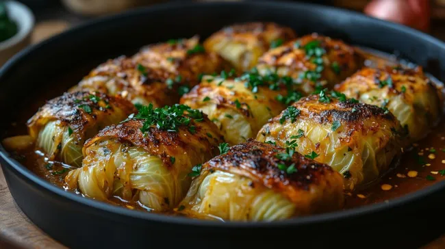 Geschmorte Wirsingröllchen in Tomatensauce
