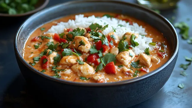 Geschmorter Hähnchen-Tomatentopf mit Reis