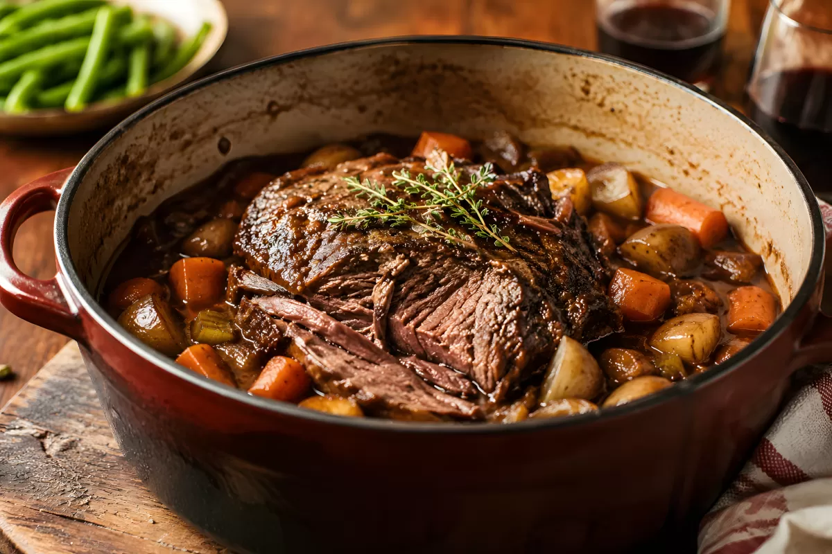 Geschmorter Rinderbraten im Schmortopf mit Gemüse