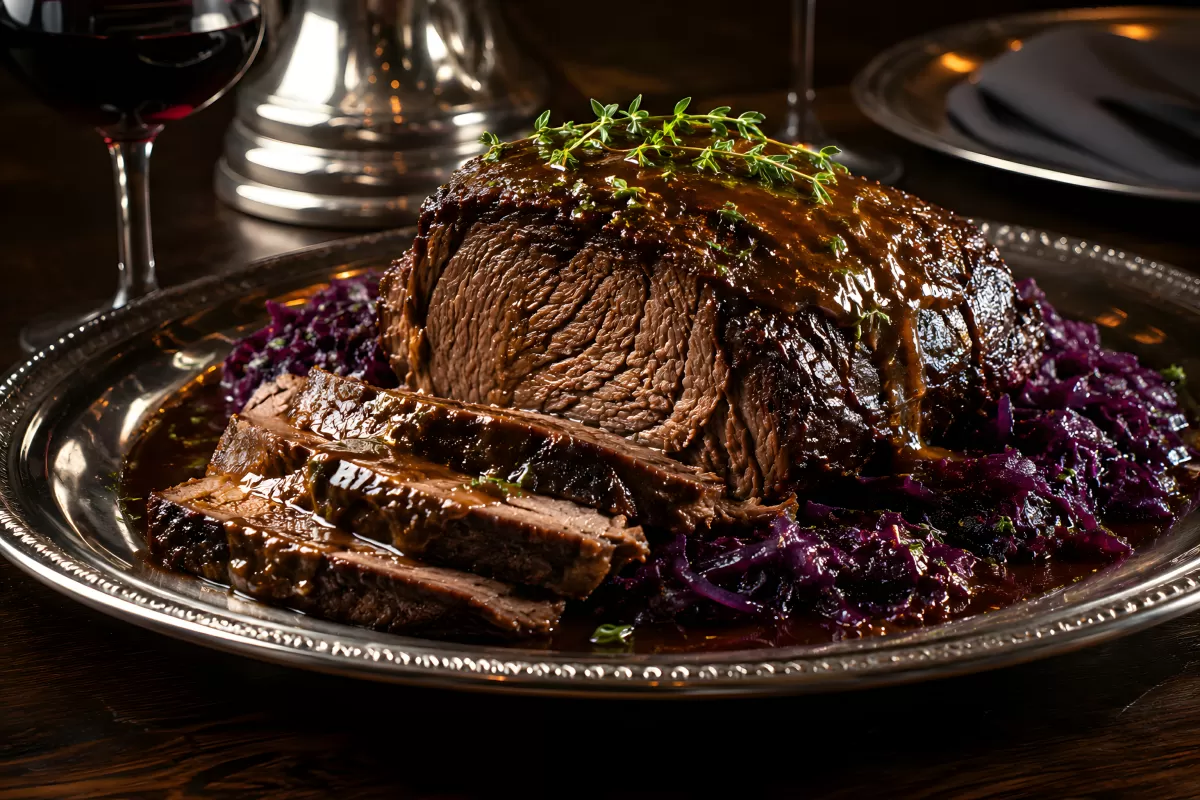 Geschmorter Rinderbraten mit Rotkohl auf Silbertablett