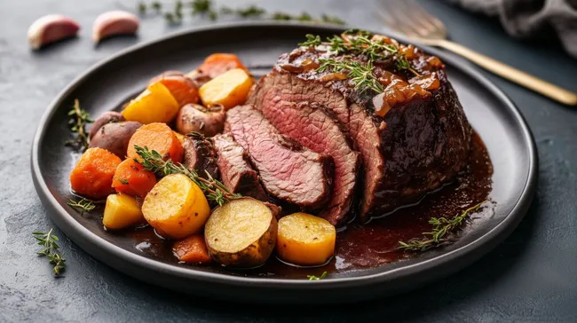 Geschmorter Rinderbraten mit Wurzelgemüse und Kräutern