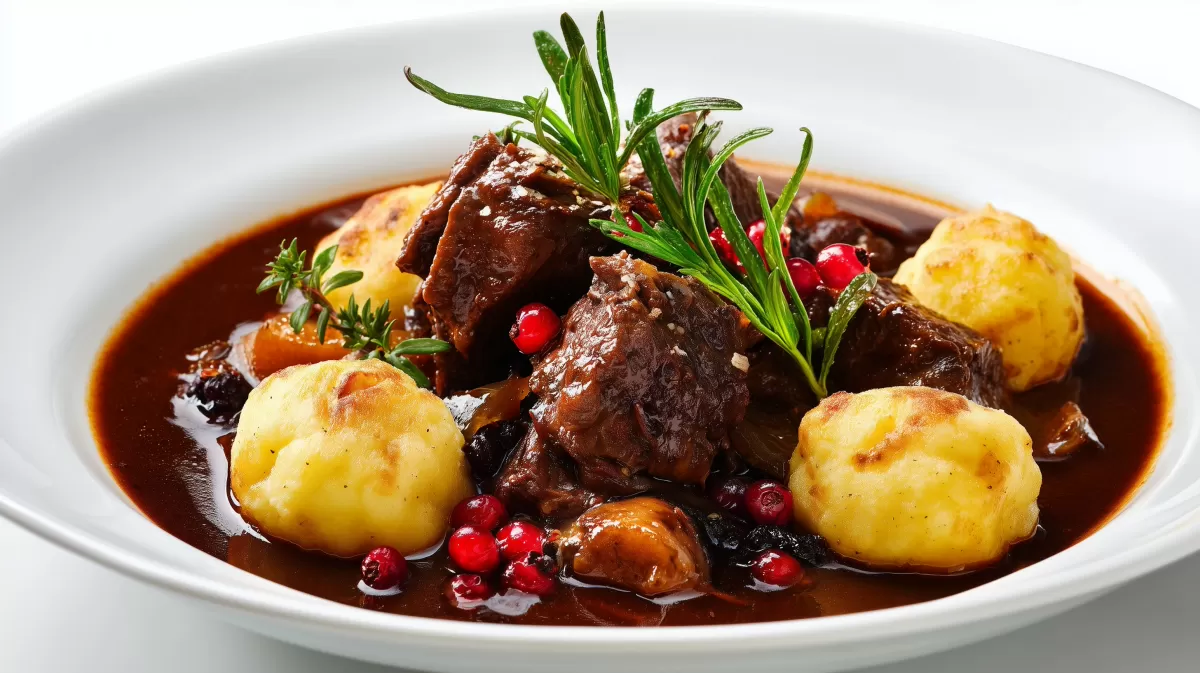 Geschmortes Wildschweingulasch mit Kartoffelklößen