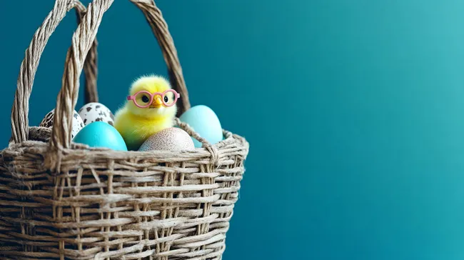 Geschmückter Osterkorb mit Kücken und bunten Eiern