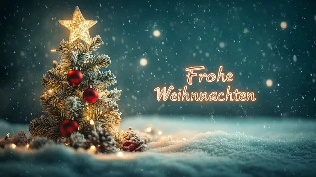 Geschmückter Weihnachtsbaum im Schnee mit Frohe-Weihnachten-Schriftzug