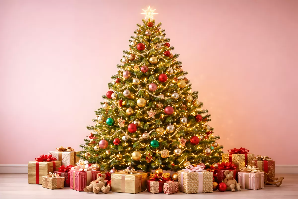 Geschmückter Weihnachtsbaum mit Geschenken vor Rosa Wand