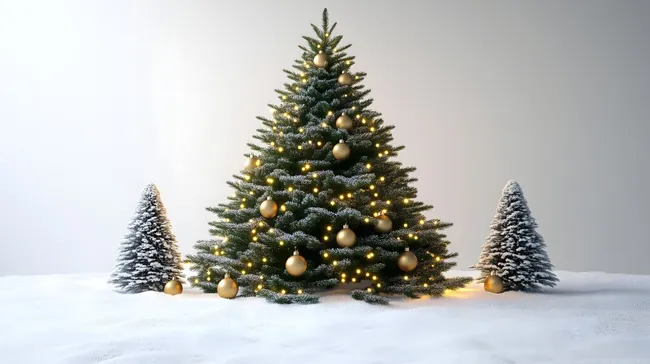 Geschmückter Weihnachtsbaum mit Goldkugeln und Schneelandschaft