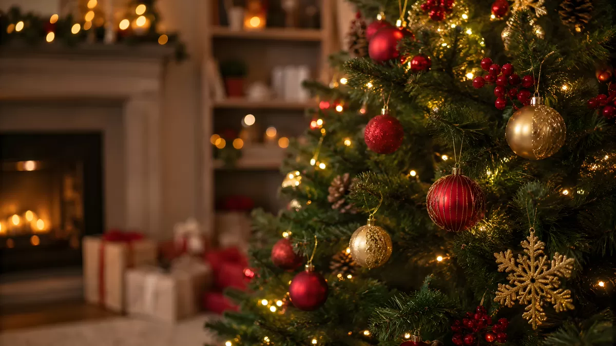 Geschmückter Weihnachtsbaum mit Kamin im Hintergrund
