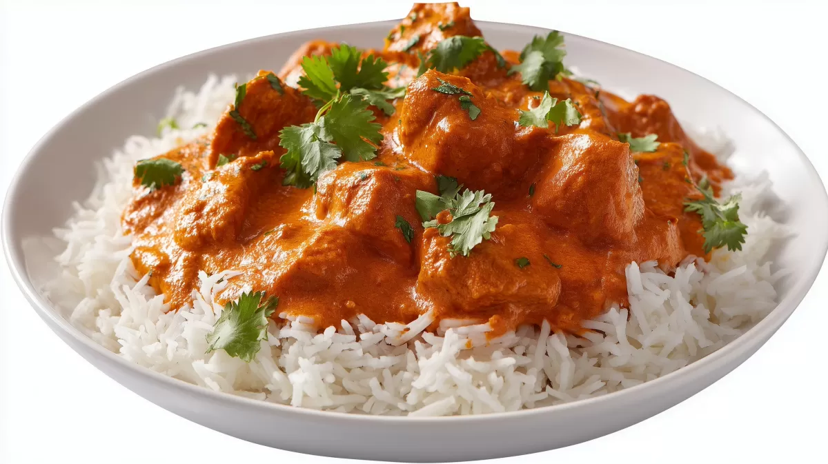 Geschnetzeltes Hühnchencurry mit Reis und Koriander