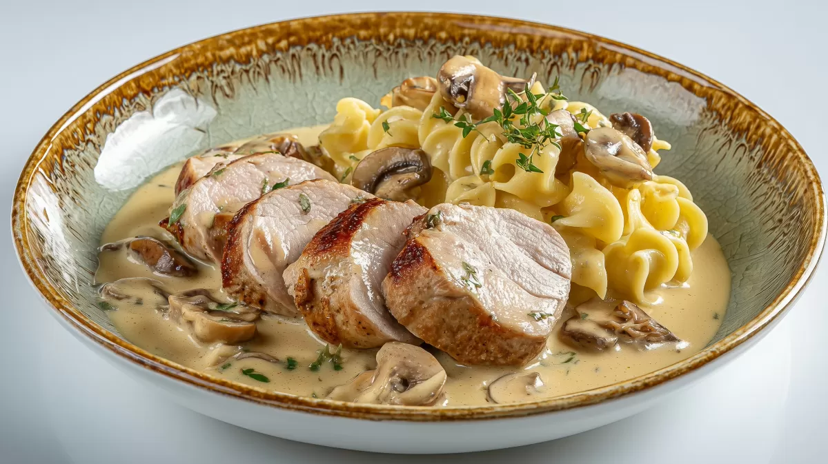 Geschnetzeltes Schweinefilet in Senfsahne mit Nudeln