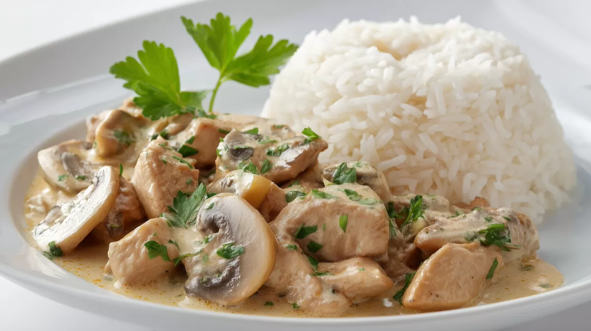 Geschnetzeltes vom Puter mit Champignons und Reis