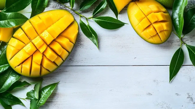 Geschnittene, reife Mangofrucht mit grünem Laub