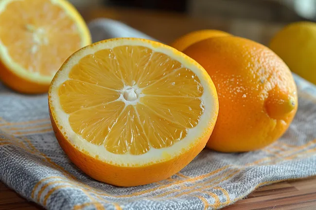 Geschnittene saftige Orangen auf Textil