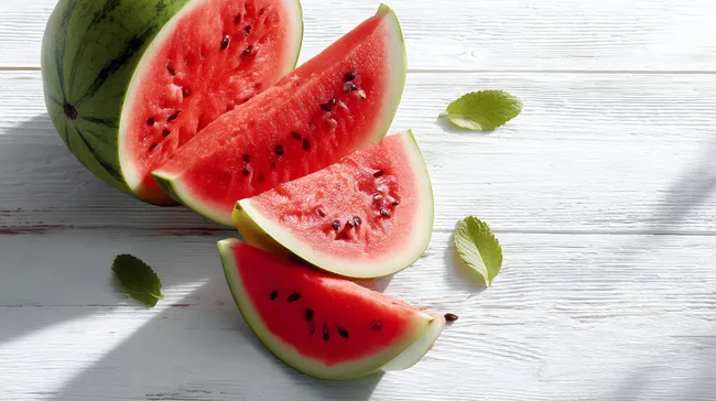 Geschnittene Wassermelone auf Holzbrett mit Minzblättern