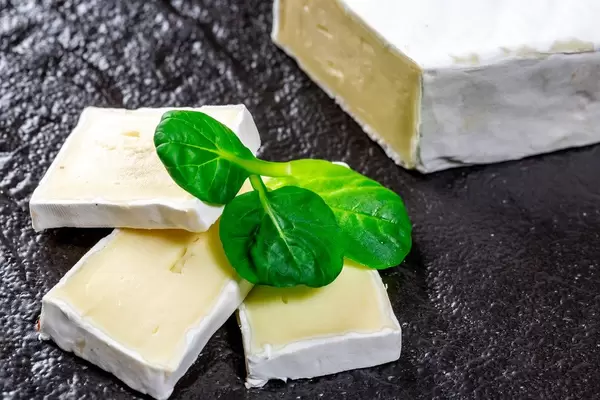 Geschnittener Brie Käse mit Basilikum auf schwarzem Untergrund