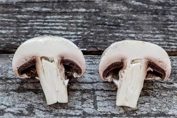 Geschnittener Champignon mit rustikalem hölzernem Hintergrund