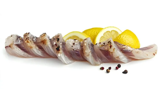 Geschnittener Salzhering mit Zitrone und Gewürzen