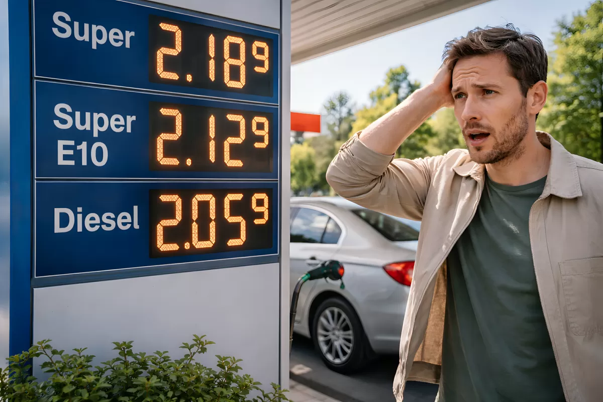 Geschockter Mann beobachtet hohe Kraftstoffpreise an der Tankstelle