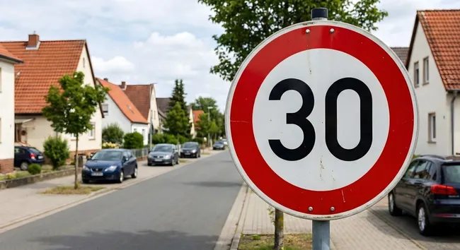 Geschwindigkeitsbegrenzungsschild auf deutscher Wohnstraße