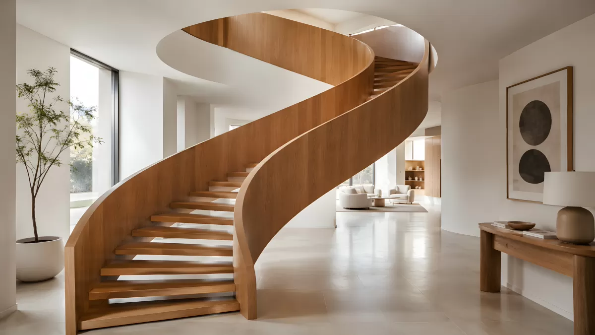 Geschwungene Holztreppe in modernem Wohnhaus