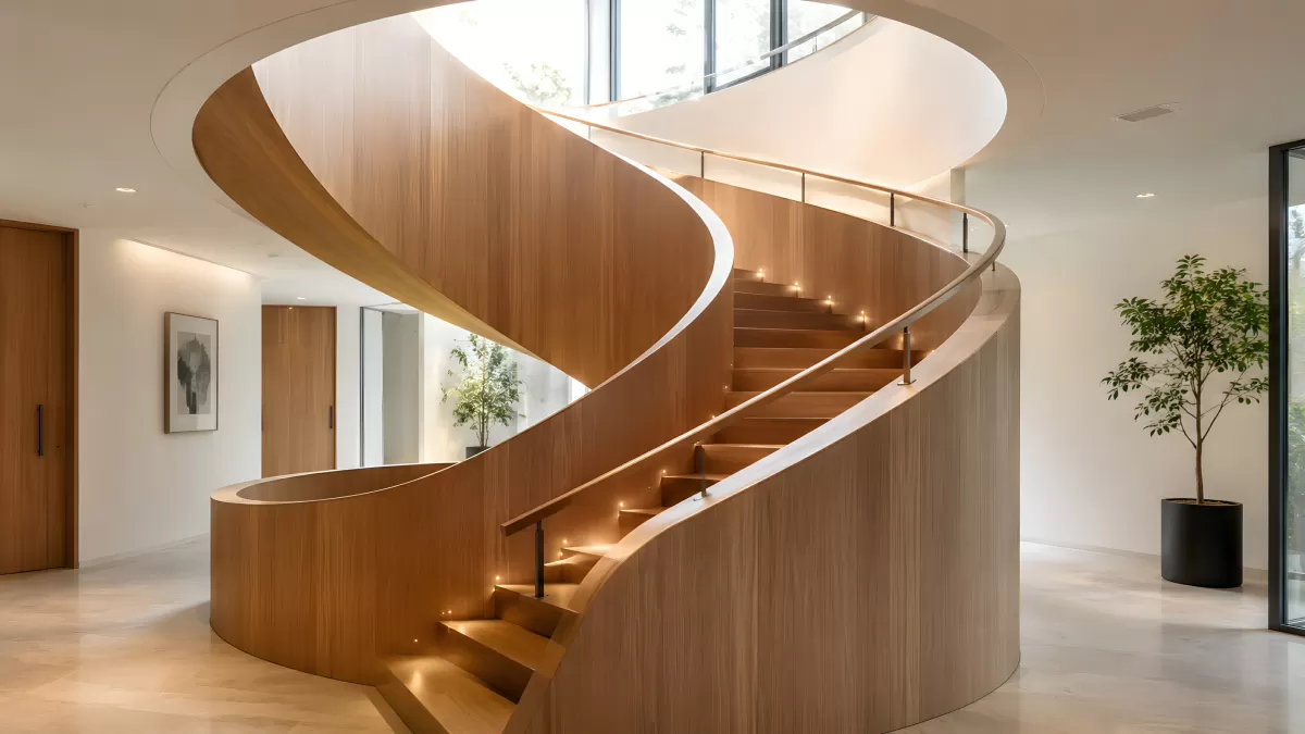 Geschwungene Holztreppe mit Beleuchtung im modernen Foyer